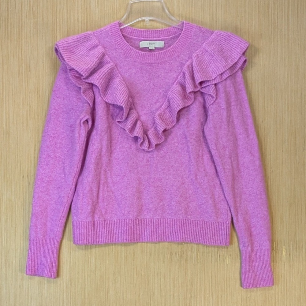 Loft Preppy Colorful Ruffle Crew Neck Sweater Size M Pink Purple Long Sleeve